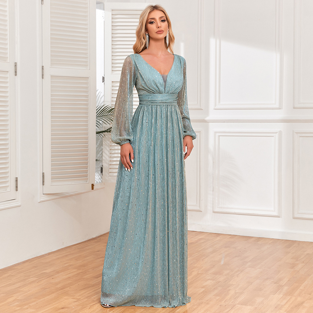 Freshdressy™ Elegant Sparkly Gown | V-Neck Long Sleeve A-Line Evening Dress