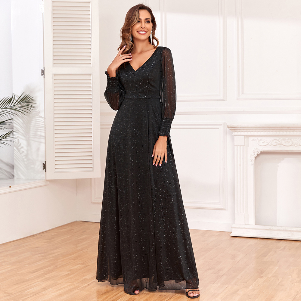 Freshdressy™ Elegant Black Evening Gown | Sheer Sleeve V-Neck High-Slit Maxi Dress