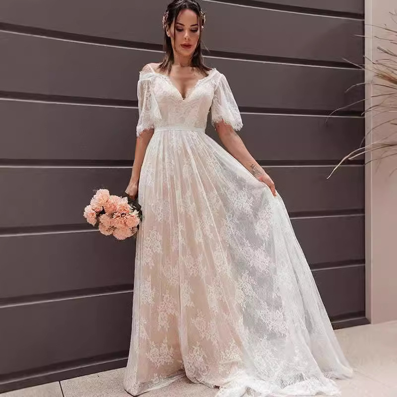 Freshdressy™ Pink and White Lace Bridesmaid Dress