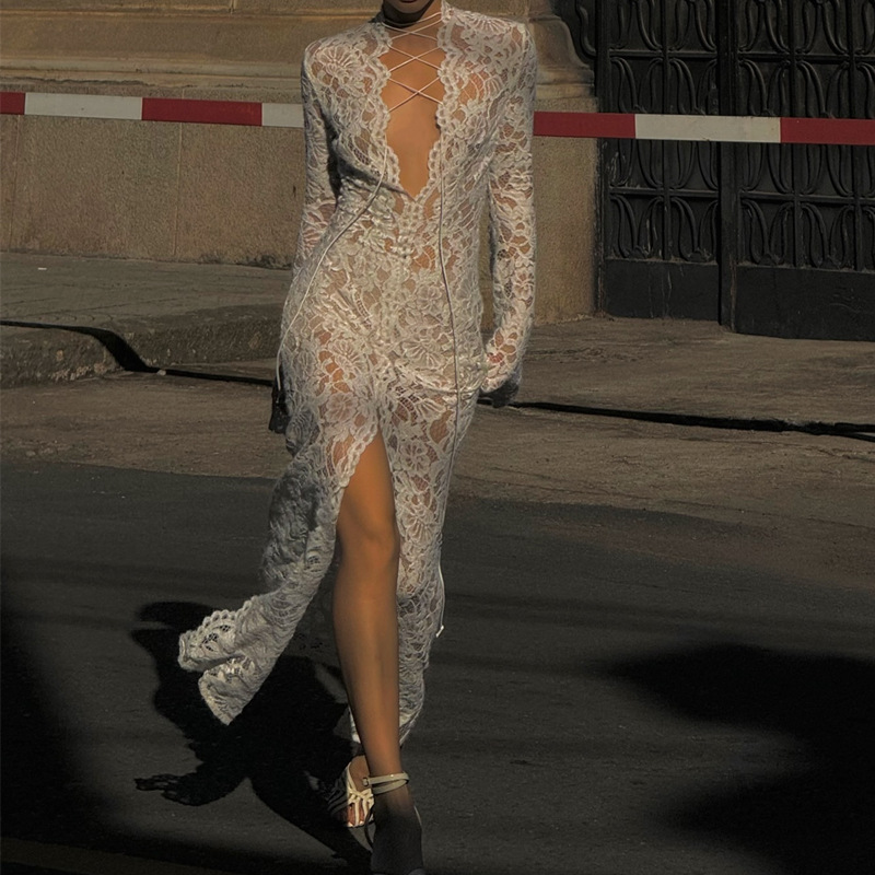 Freshdressy™ Lace Slit Long Sleeve Dress