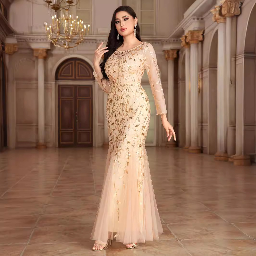 Freshdressy™ Plus Size Floral Embroidered Dress | Long Sleeve V-neck Evening Gown